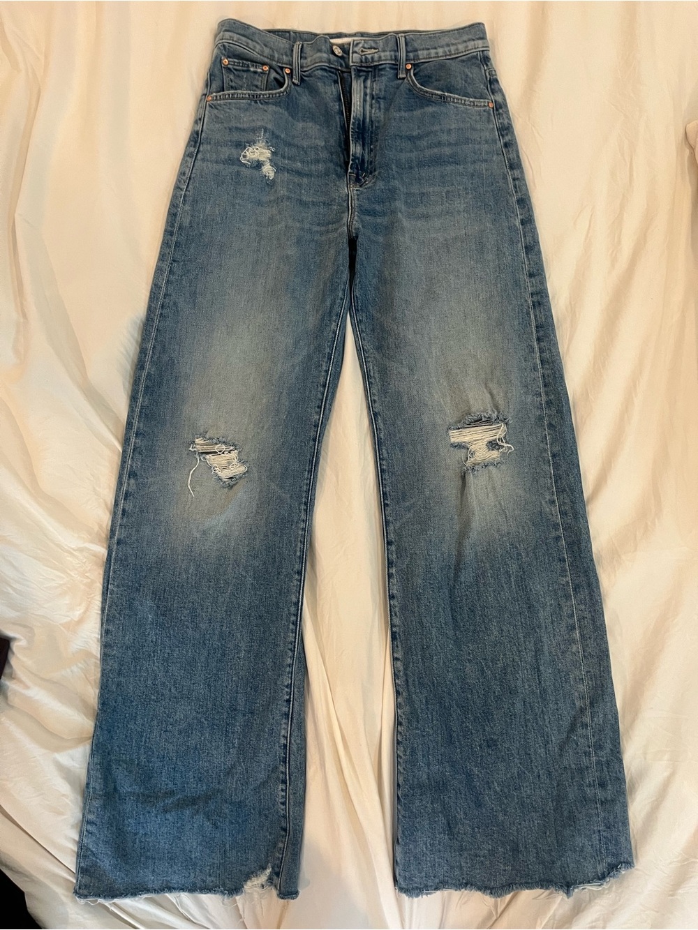 MOTHER Wide Leg Distressed Jeans in Medium Blue